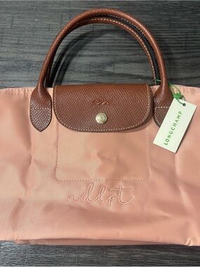Longchamp Needlepoint Le Pliage Small Tote Bag in Dusty Rose with Brown Trim